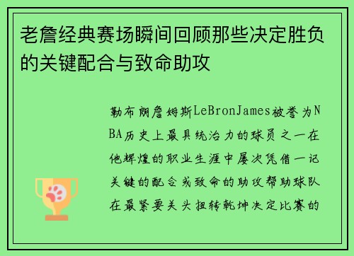 老詹经典赛场瞬间回顾那些决定胜负的关键配合与致命助攻