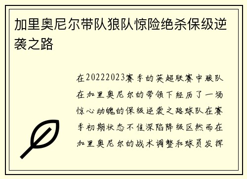 加里奥尼尔带队狼队惊险绝杀保级逆袭之路