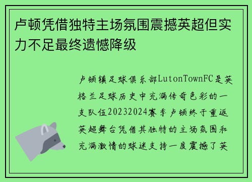 卢顿凭借独特主场氛围震撼英超但实力不足最终遗憾降级